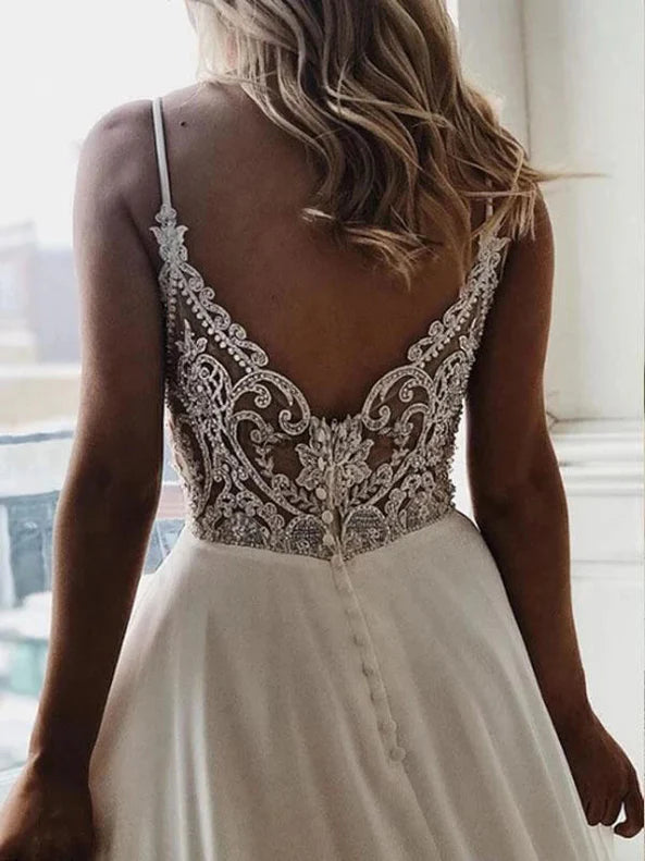 Spaghetti Straps Lace See Through Wedding Dresses Unique Bridal Dresses