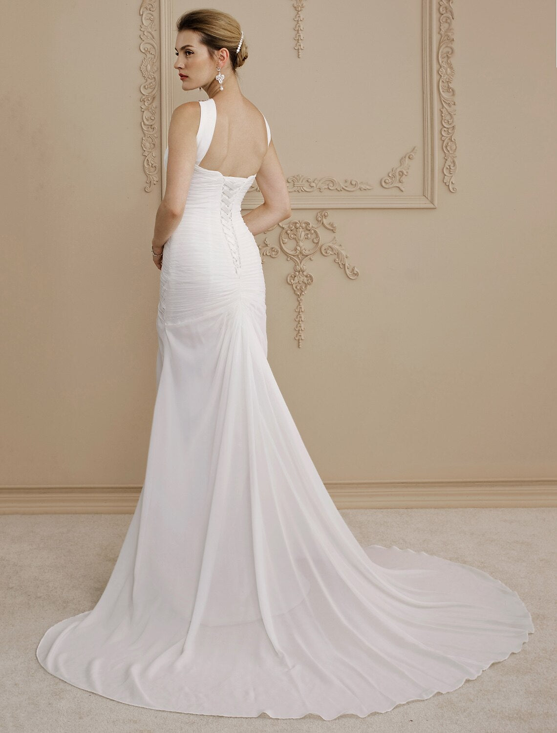 Sheath / Column Jewel Neck Court Train Chiffon Made-To-Measure Wedding Dresses with Split Front / Side-Draped / Open Back