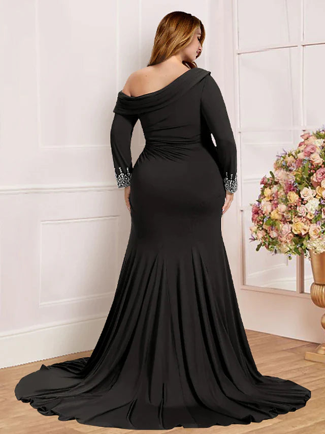 Plus Size Curve Mother of the Bride Dress Formal Vintage Elegant Off Shoulder Sweep / Brush Train Stretch Fabric Long Sleeve with Crystals Split Front Ruching
