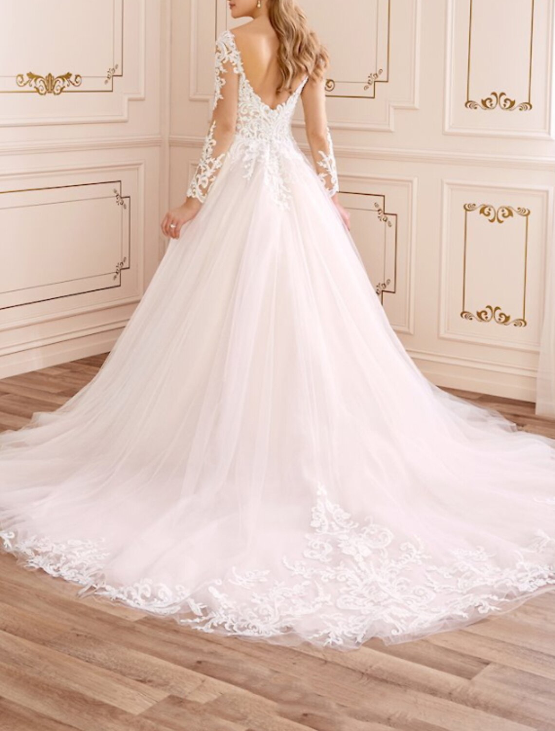 Engagement Formal Fall Wedding Dresses Ball Gown V Neck Long Sleeve Court Train Lace Bridal Gowns With Appliques Summer Wedding Party, Women‘s Clothing