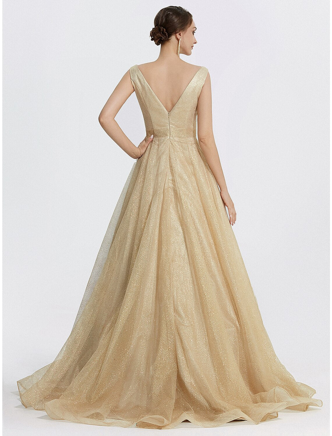 Ball Gown Prom Dresses Sparkle Dress Wedding Quinceanera Floor Length Sleeveless V Neck Tulle with Glitter