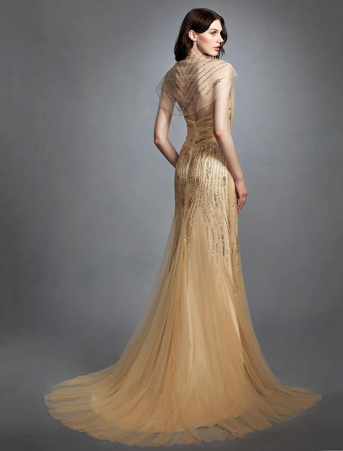 DingjiSheath / Column V Neck Sweep / Brush Train Tulle Made-To-Measure Wedding Dresses with Sequin