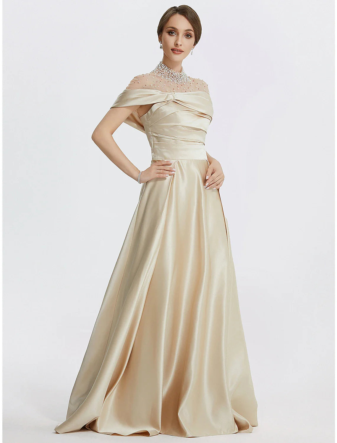 DingjiA-Line Evening Gown Elegant Dress Formal Prom Floor Length Sleeveless High Neck Italy Satin with Ruched Pearls