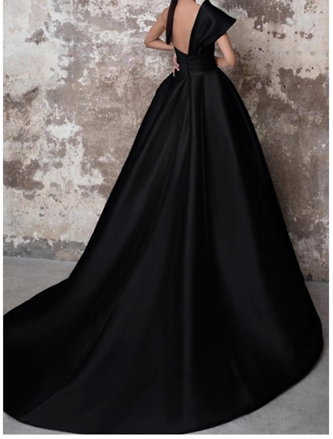 A-Line Evening Gown Party Black Dress Plus Size Party Wear Church Court Train Sleeveless One Shoulder Italy Satin Backless with Ruched