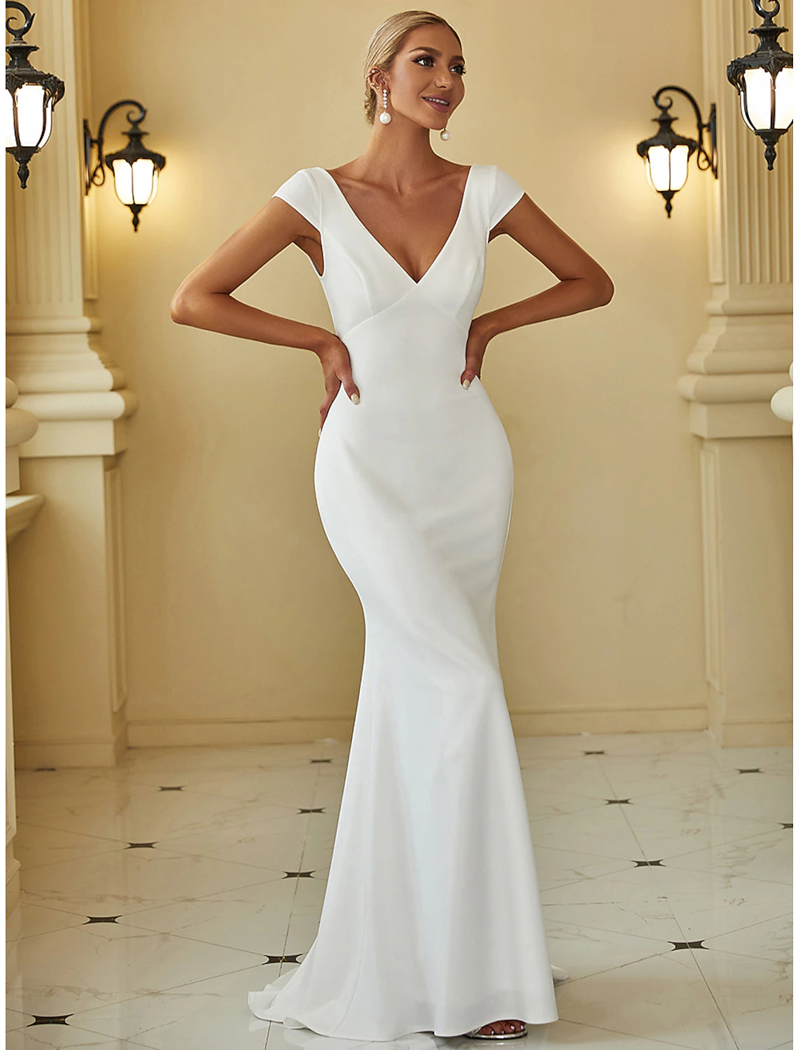 Reception Casual Wedding Dresses Mermaid / Trumpet V Neck Cap Sleeve Sweep / Brush Train Stretch Fabric Bridal Gowns With Draping Solid Color 2023 Summer Wedding Party