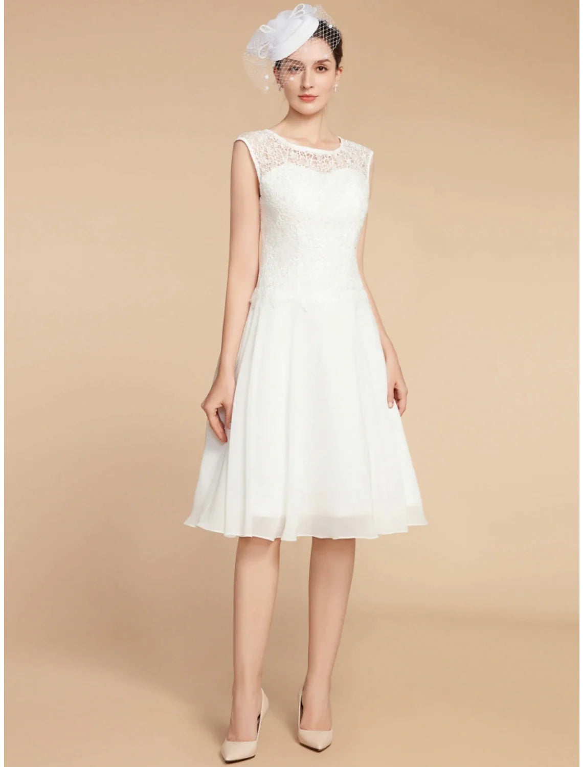 Two Piece A-Line Mother of the Bride Dress Wedding Guest Elegant Petite Jewel Neck Knee Length Chiffon Lace 3/4 Length Sleeve with Pleats Solid Color