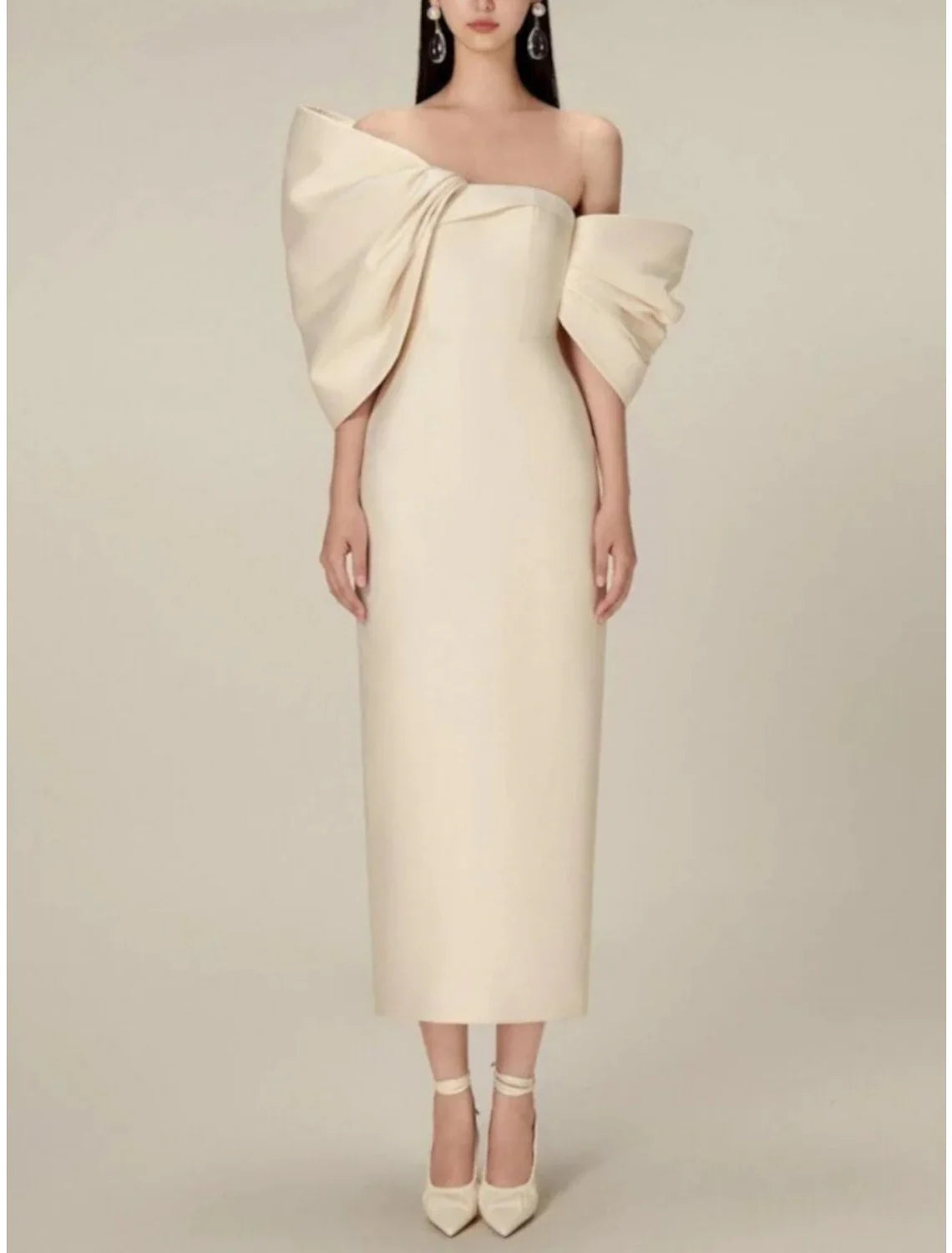 DingjiSheath / Column Evening Gown Elegant Dress Formal Tea Length Half Sleeve Off Shoulder Satin with Bow(s) Ruched