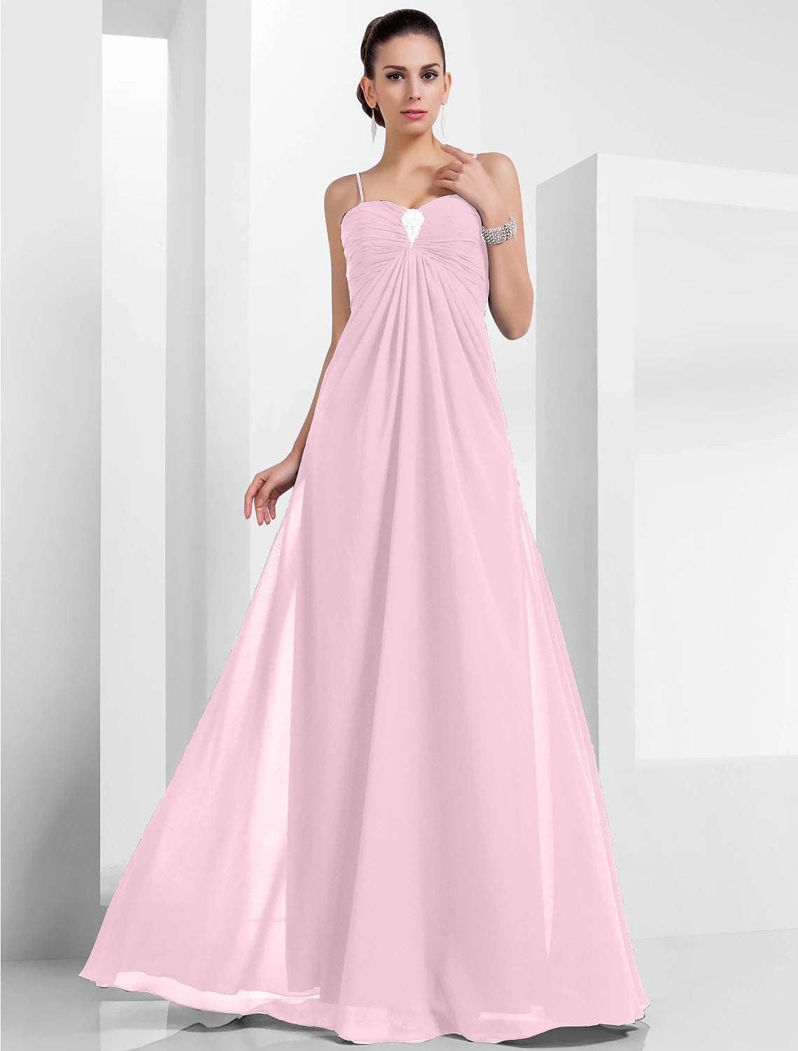A-Line Empire Holiday Formal Evening Dress Spaghetti Strap Sleeveless Floor Length Chiffon with Crystals