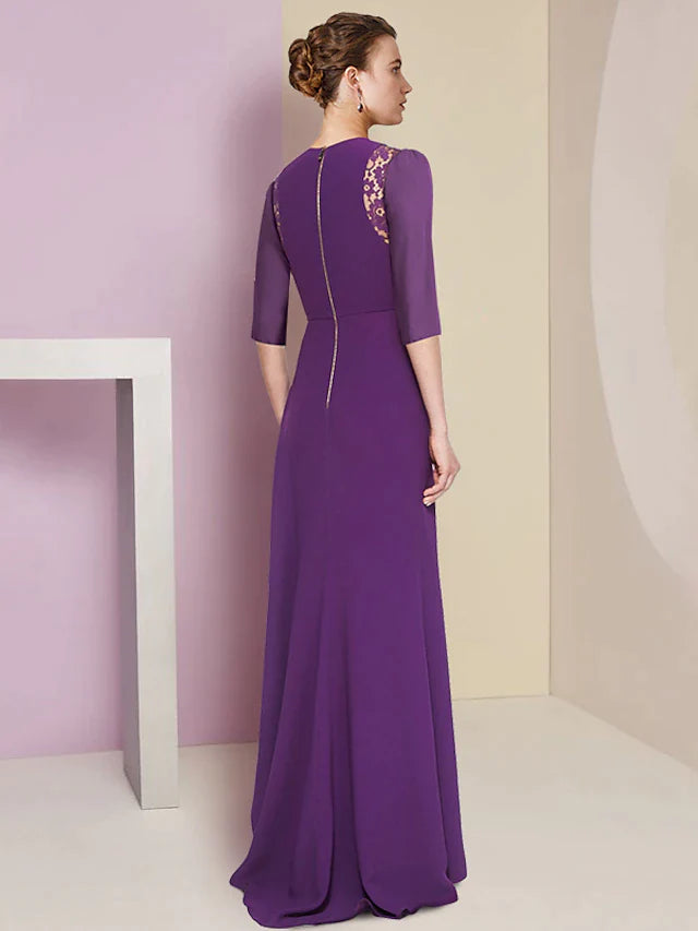 A-Line Mother of the Bride Dress Formal Elegant Scoop Neck Sweep / Brush Train Lace Stretch Fabric Half Sleeve with Pleats