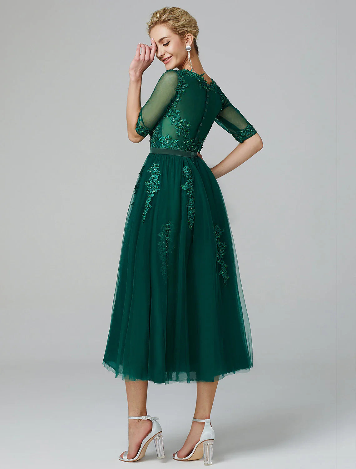 DingjiA-Line Cocktail Dress Christmas Red Green Dress Formal Evening Kentucky Derby Tea Length Sleeveless Illusion Neck Fall Wedding Guest Lace Over Tulle with Sequin Appliques