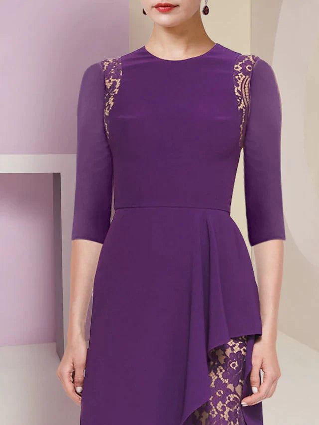 A-Line Mother of the Bride Dress Formal Elegant Scoop Neck Sweep / Brush Train Lace Stretch Fabric Half Sleeve with Pleats