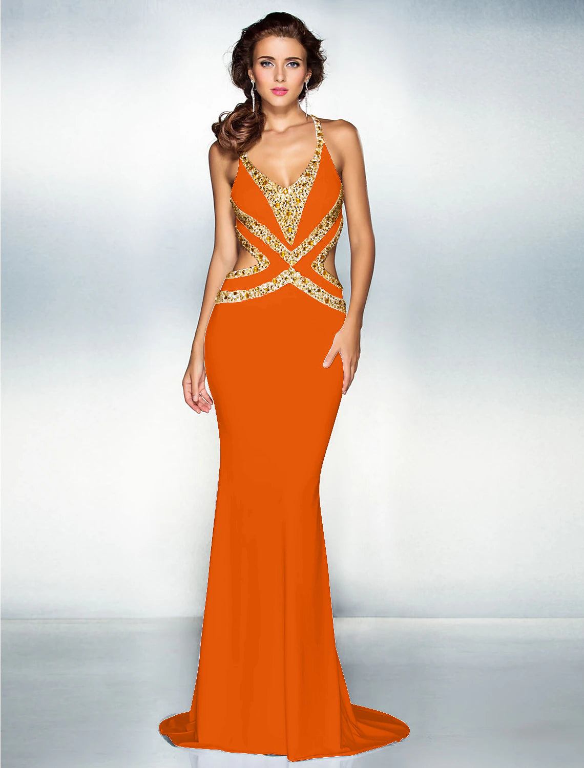 Mermaid / Trumpet Sparkle Dress Wedding Guest Engagement Sweep / Brush Train Sleeveless V Neck Jersey Crisscross Back with Crystals