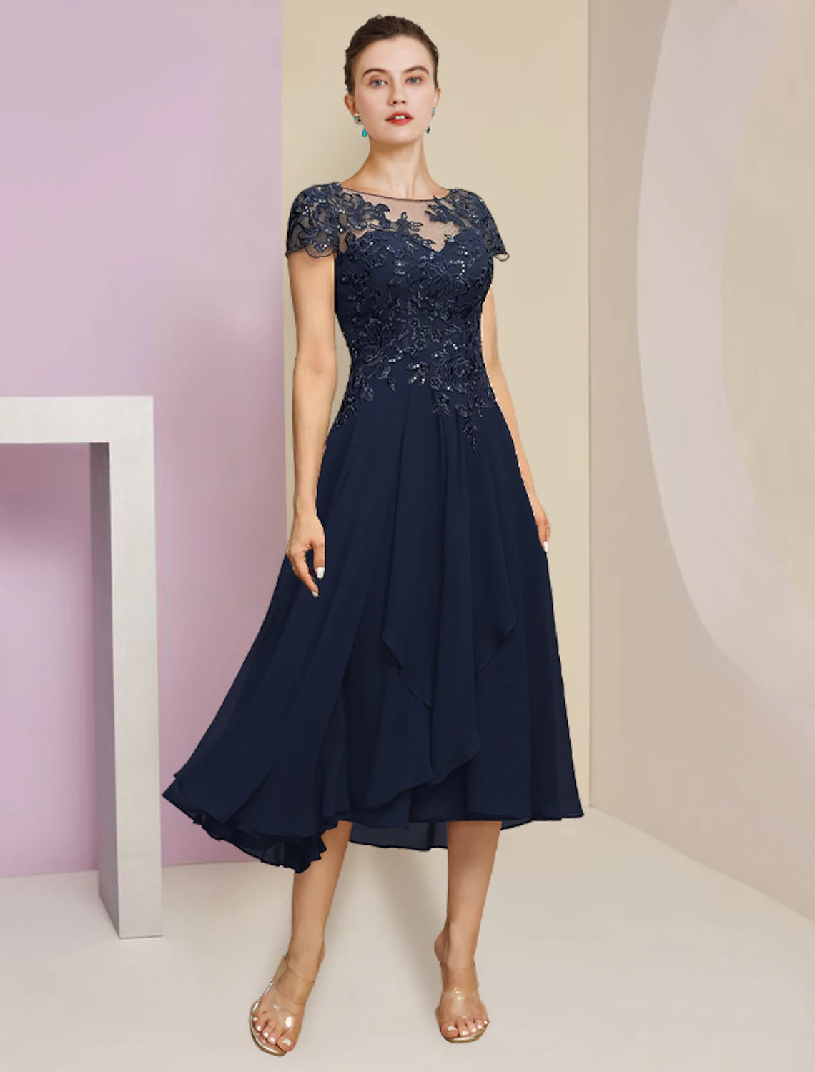 Two Piece A-Line Mother of the Bride Dress Formal Wedding Guest Elegant Scoop Neck Tea Length Chiffon Lace Short Sleeve Wrap Included with Pleats Sequin Appliques