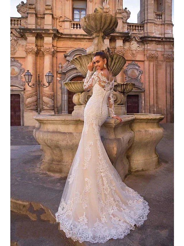DingjiEngagement Formal Wedding Dresses Court Train Two Piece Long Sleeve Sweetheart Lace With Appliques