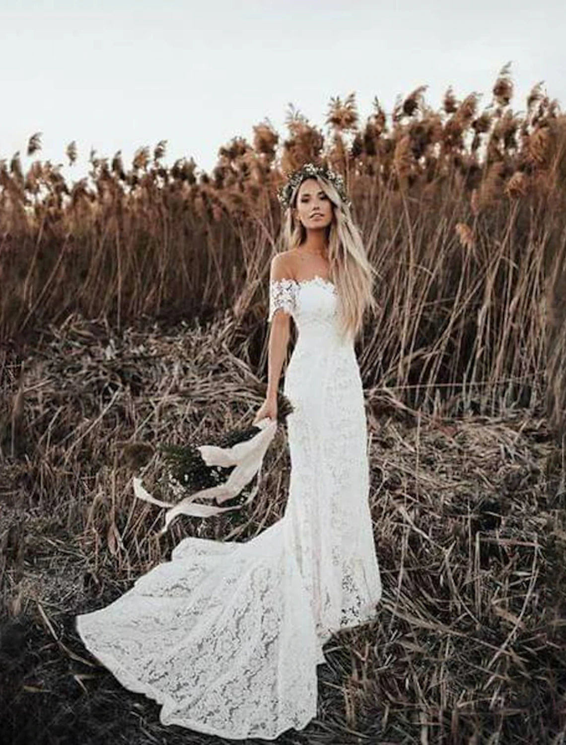 Beach Boho Wedding Dresses Mermaid / Trumpet Off Shoulder Cap Sleeve Chapel Train Lace Bridal Gowns With Appliques Solid Color 2023 Summer Wedding Party