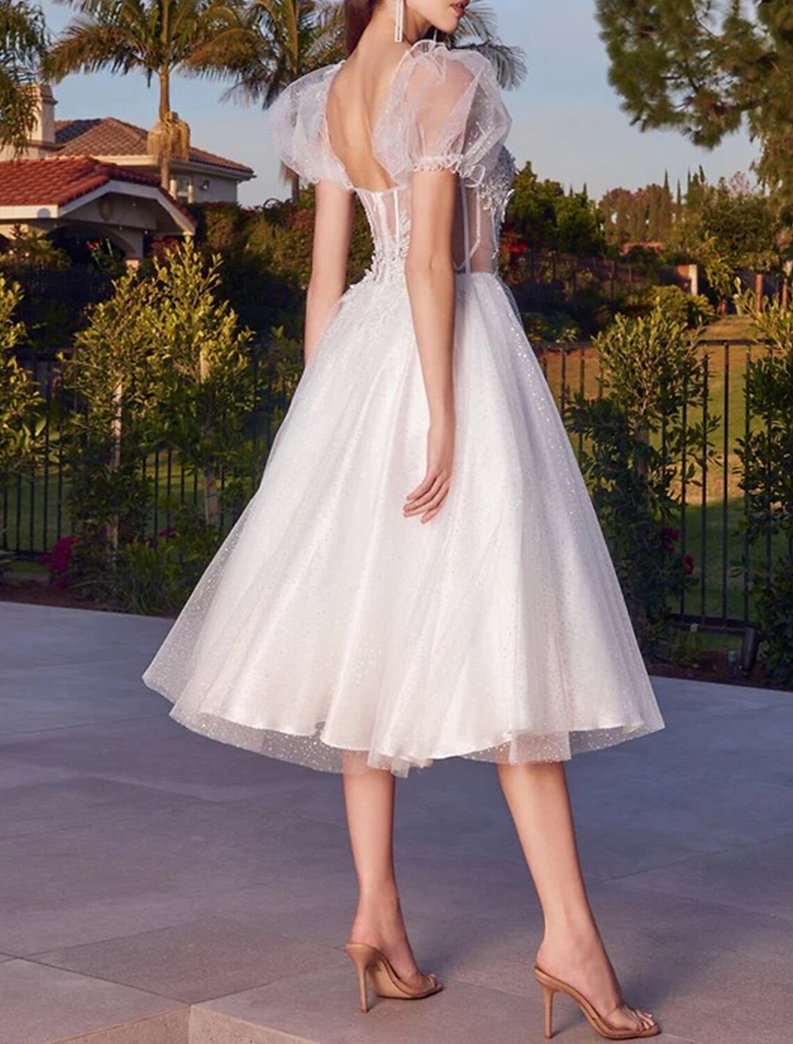 Bridal Shower Vintage 1940s / 1950s Little White Dresses Wedding Dresses A-Line Sweetheart Short Sleeve Knee Length Satin Bridal Gowns With Solid Color