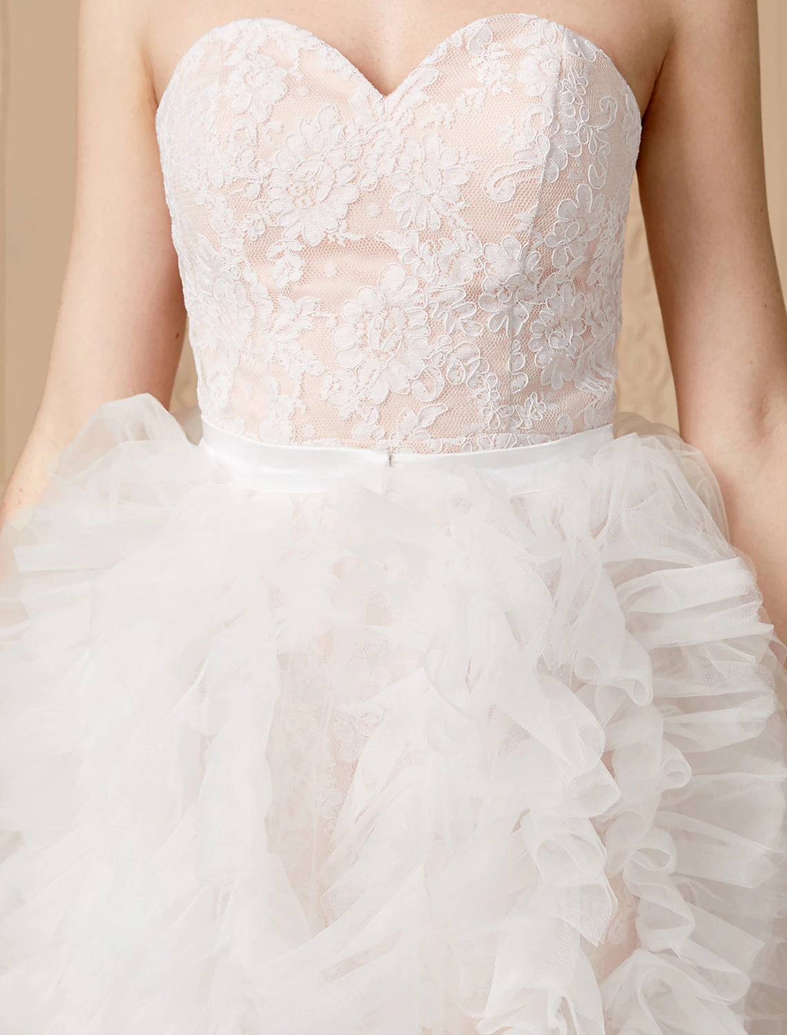 A-Line Wedding Dresses Sweetheart Neckline Sweep / Brush Train Tulle Over Lace Sleeveless Wedding Dress in Color Open Back with Sashes / Ribbons / Removable train