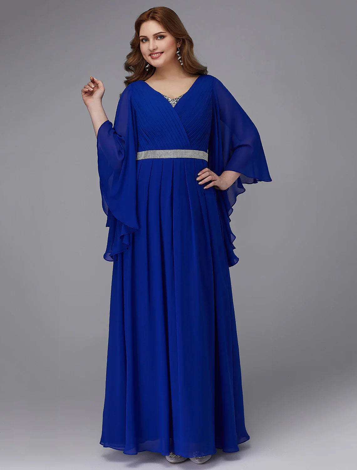 DingjiA-Line Plus Size Dress Wedding Guest Formal Evening Floor Length Long Sleeve V Neck Chiffon Lace-up with Crystals Sequin