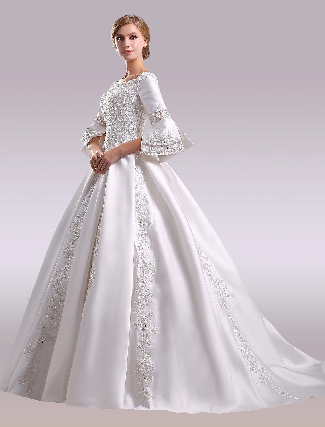 Hall Wedding Dresses A-Line Off Shoulder Long Sleeve Chapel Train Satin Bridal Gowns With Lace Beading