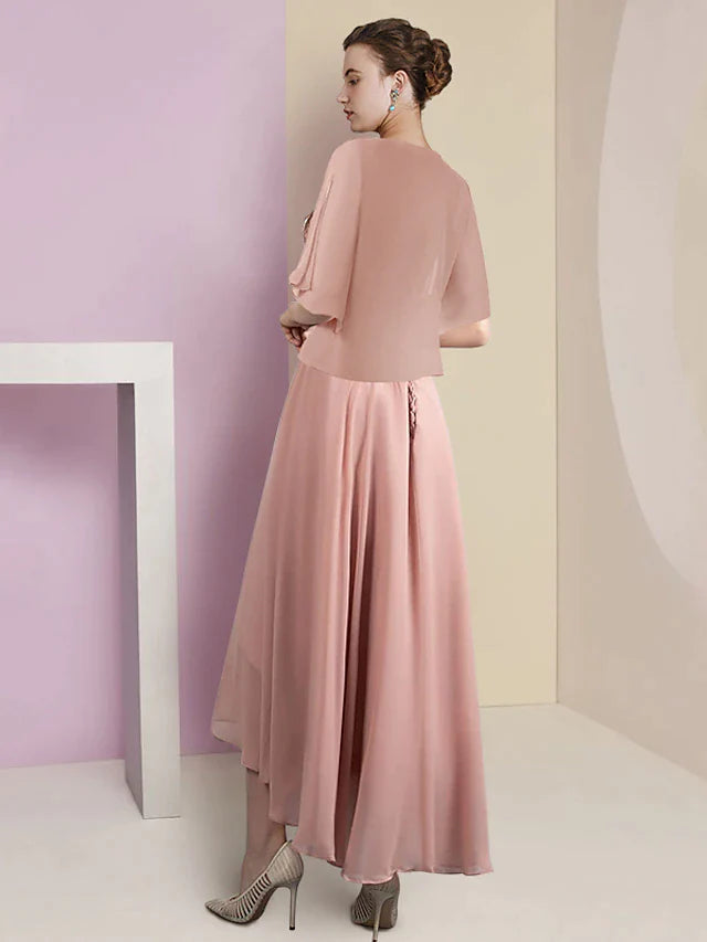 DingjiTwo Piece A-Line Mother of the Bride Dress Formal Wedding Guest Elegant High Low V Neck Asymmetrical Tea Length Chiffon Lace Short Sleeve Wrap Included with Pleats Appliques
