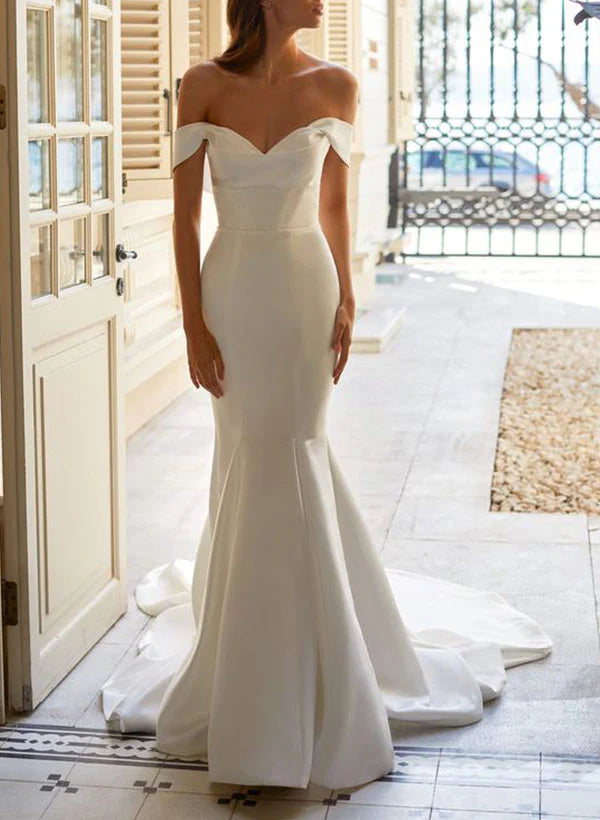 Mermaid Off-the-Shoulder Sweep Train Satin Wedding Dress