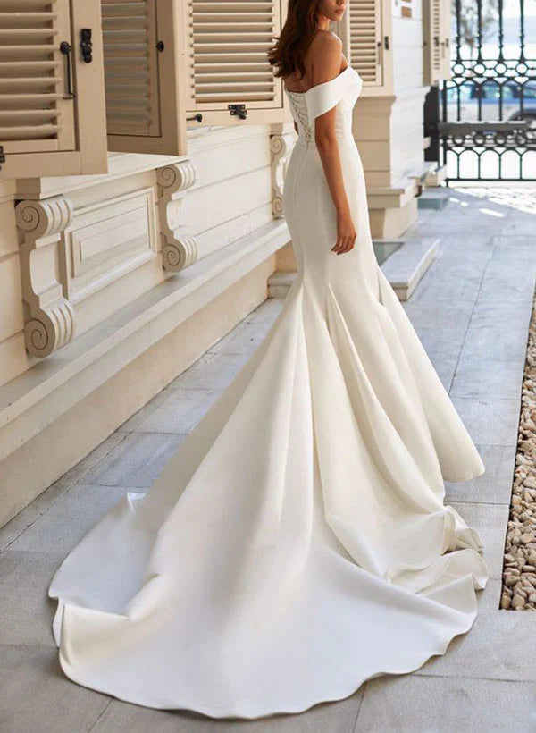 Mermaid Off-the-Shoulder Sweep Train Satin Wedding Dress