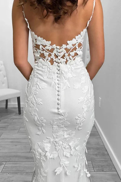 V-Neck Spaghetti Straps Illusion Lace Applique With Lace Train Wedding Dress