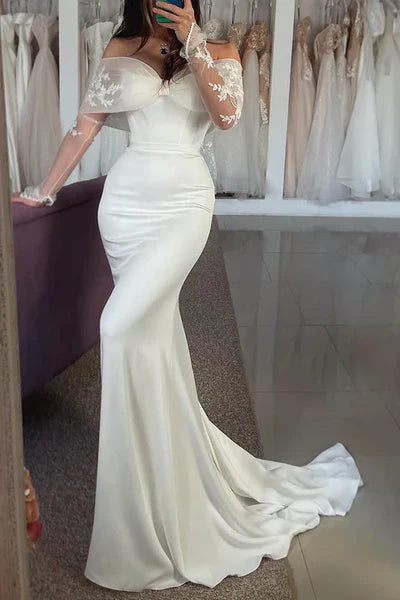 Off-Shoulder Long Sleeve Trumpet Appliques Beach Wedding Dress