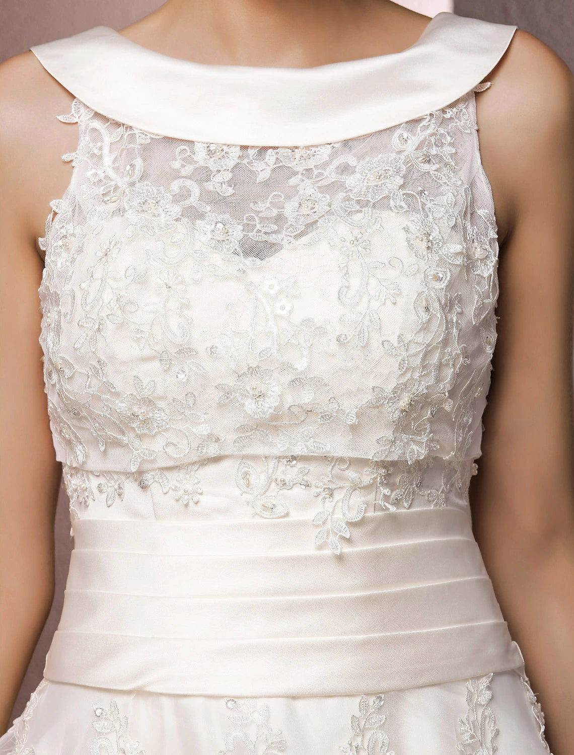 Hall Wedding Dresses A-Line Illusion Neck Sleeveless Tea Length Lace Bridal Gowns With Pearl Beading Summer Wedding Party