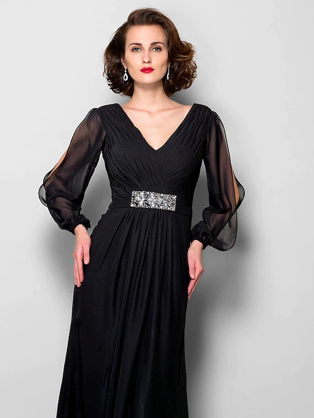 A-Line Mother of the Bride Dress Open Back V Neck Floor Length Chiffon Long Sleeve with Criss Cross