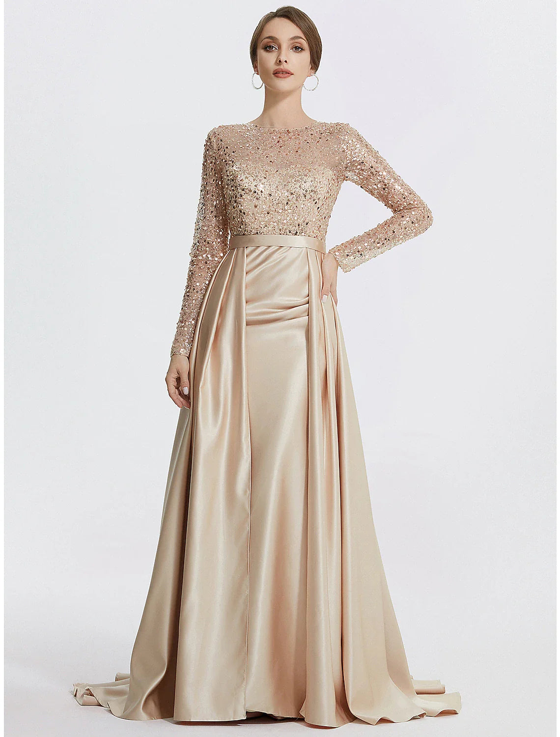 DingjiMermaid / Trumpet Evening Gown Elegant Dress Formal Prom Floor Length Long Sleeve Jewel Neck Sequined with Glitter Sequin