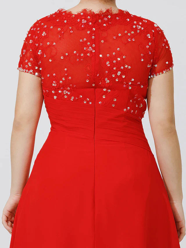 A-Line Mother of the Bride Dress Elegant & Luxurious Beautiful Back Plus Size Jewel Neck Knee Length Chiffon Beaded Lace Short Sleeve No with Pleats Beading Flower