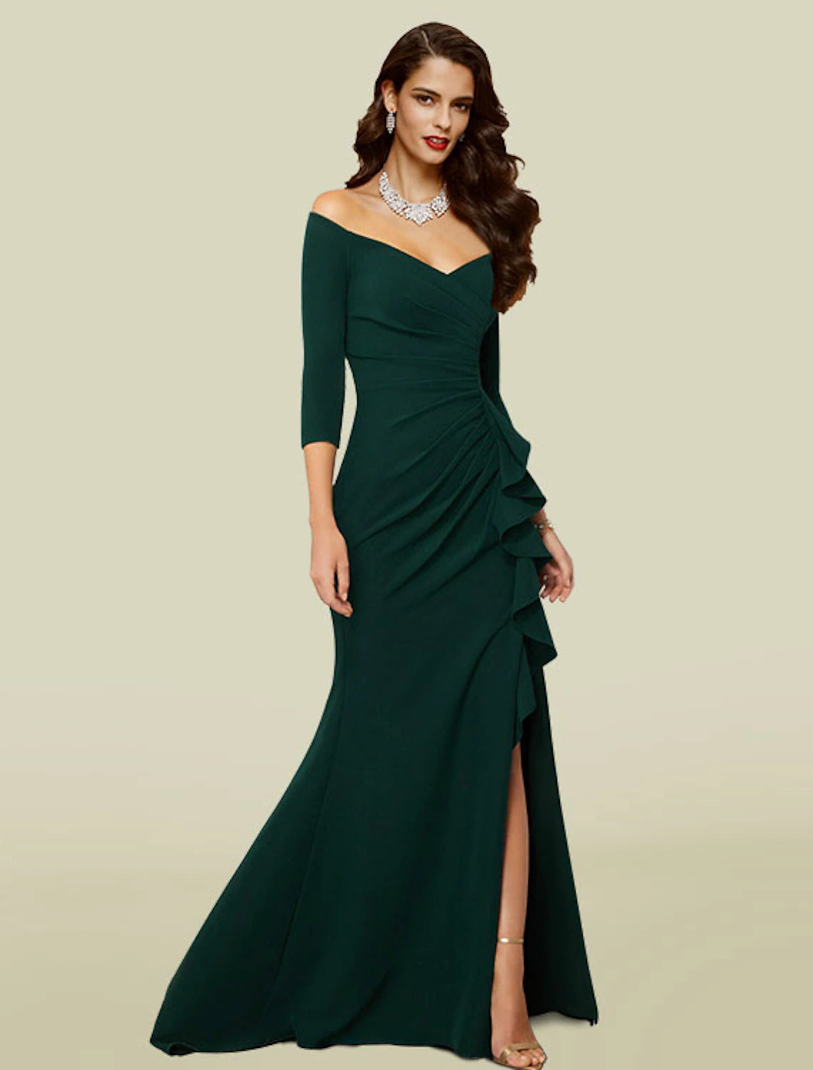 Mermaid / Trumpet Mother of the Bride Dress Wedding Guest Elegant Sexy Off Shoulder V Neck Court Train Stretch Fabric 3/4 Length Sleeve with Draping Split Front 2023