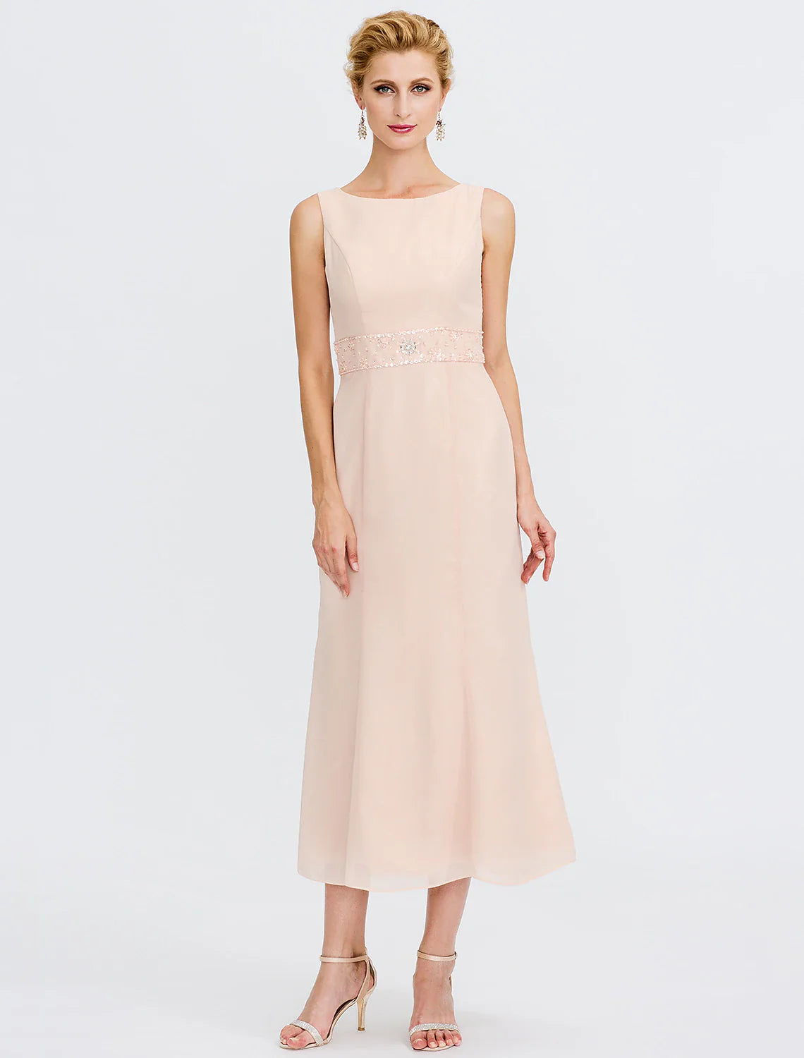 DingjiTwo Piece Sheath / Column Mother of the Bride Dress Wedding Guest Plus Size Elegant with Jacket Long Sleeve Scoop Neck Tea Length Chiffon Sash / Ribbon Pleats Beading