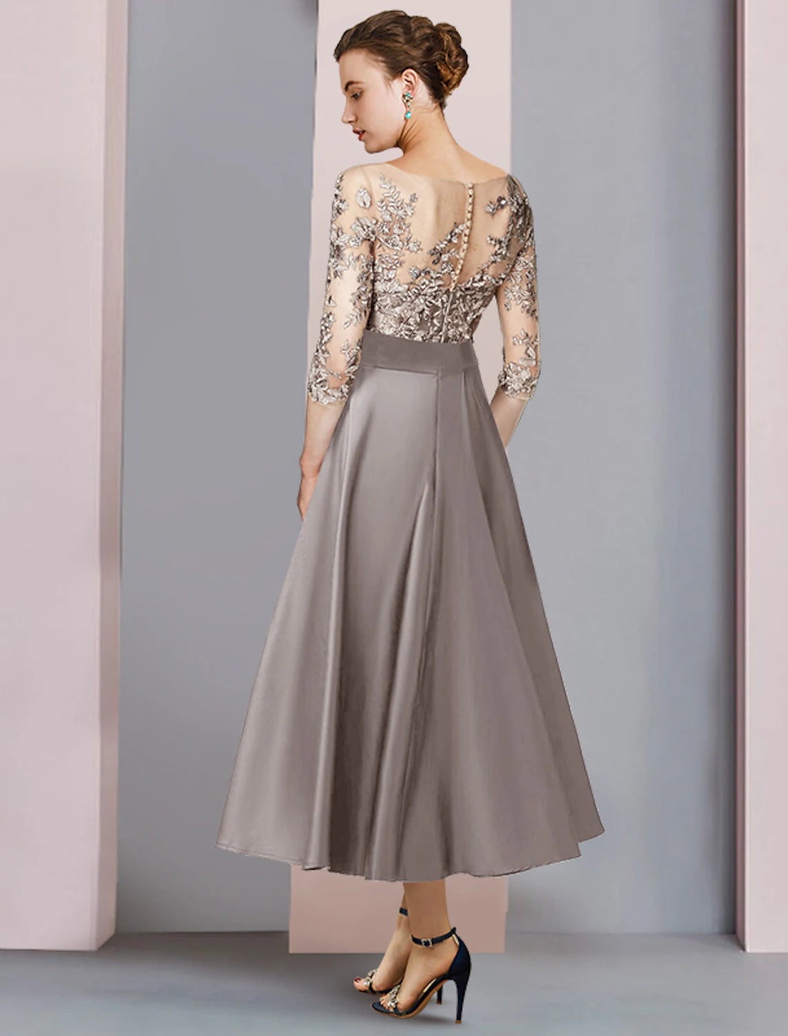 A-Line Mother of the Bride Dress Wedding Guest Party Elegant Scoop Neck Tea Length Satin Lace Half Sleeve with Bow(s) Appliques 2023