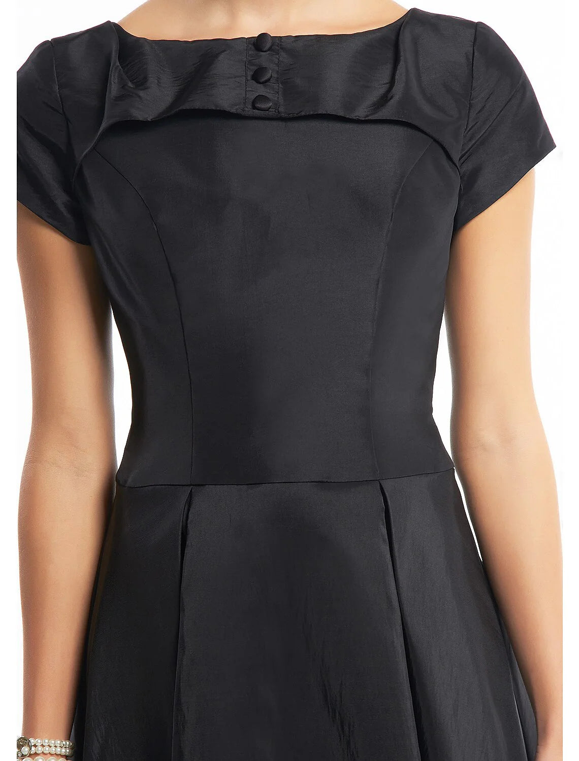 DingjiA-Line Black Dress Vintage Homecoming Wedding Guest Tea Length Short Sleeve Boat Neck Taffeta with Buttons