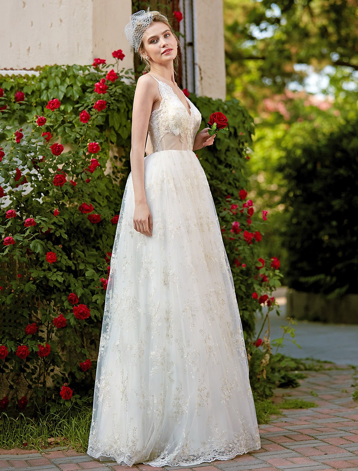 Wedding Dresses A-Line V Neck Sleeveless Floor Length Lace Bridal Gowns With Appliques