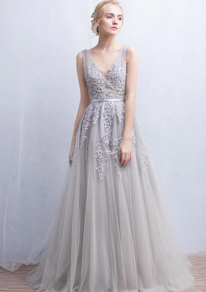 Tulle Sweep A-Line Sleeveless V-Neck Evening Prom Dress, Lace Beaded