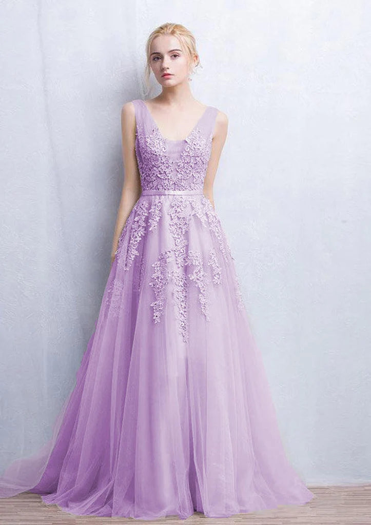 Tulle Sweep A-Line Sleeveless V-Neck Evening Prom Dress, Lace Beaded