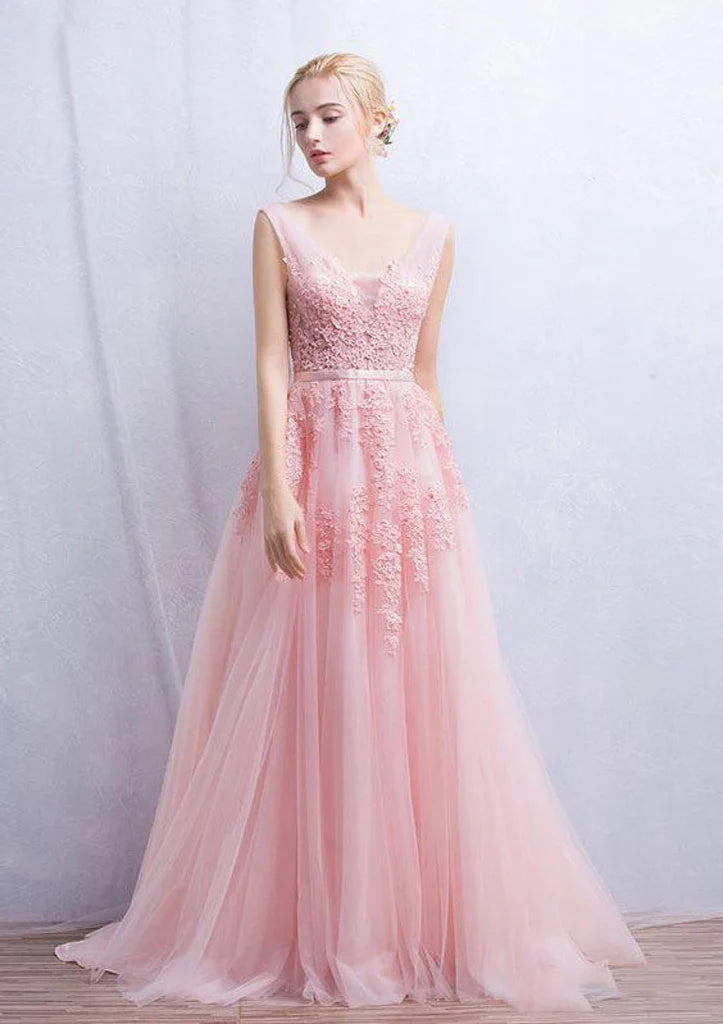 Tulle Sweep A-Line Sleeveless V-Neck Evening Prom Dress, Lace Beaded