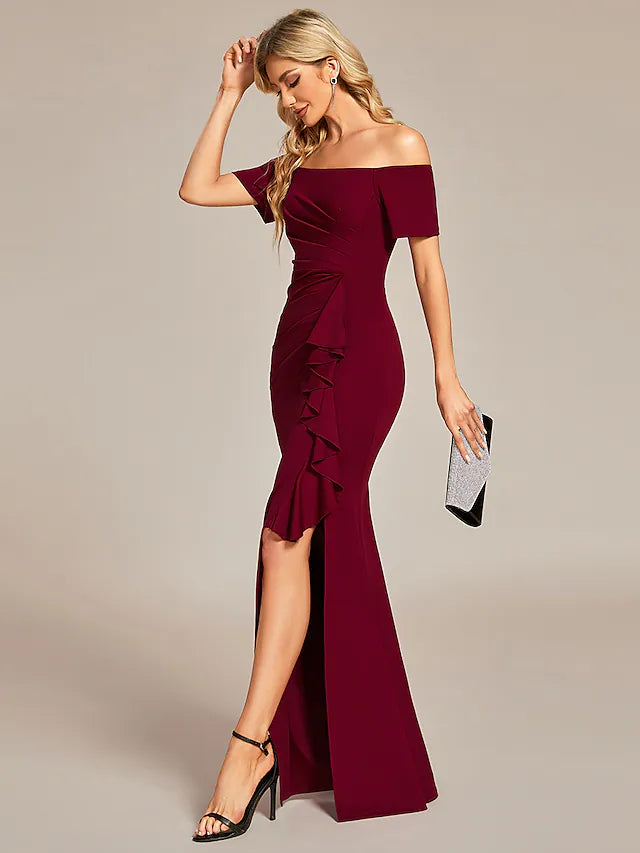 DingjiProm Dress Wedding Guest Dress Long Black Wine Short Sleeve Pure Color Ruched Summer Spring Fall Off Shoulder