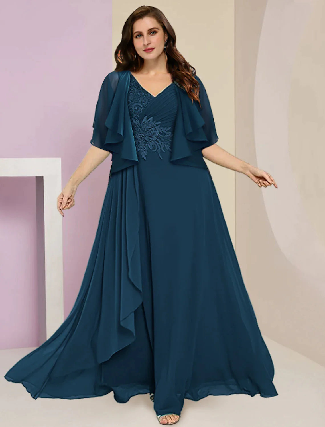 Two Piece A-Line Mother of the Bride Dress Formal Wedding Guest Plus Size Hide Belly Elegant V Neck Floor Length Chiffon Lace Sleeveless with Ruched Appliques