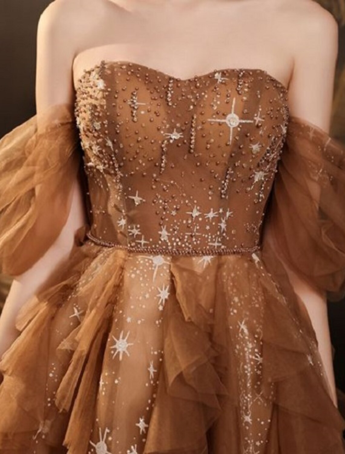 A-Line Elegant Sparkle & Shine Prom Formal Evening Dress Off Shoulder Short Sleeve Court Train Tulle with Beading Sequin