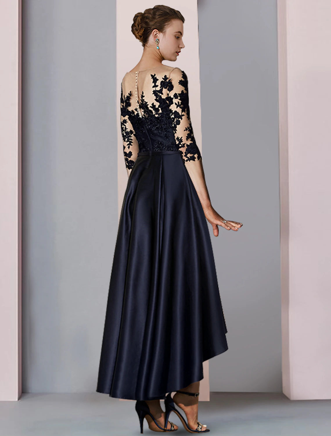 A-Line Mother of the Bride Dress Fall Wedding Guest Elegant High Low Scoop Neck Asymmetrical Tea Length Satin Lace 3/4 Length Sleeve with Pleats Appliques 2023
