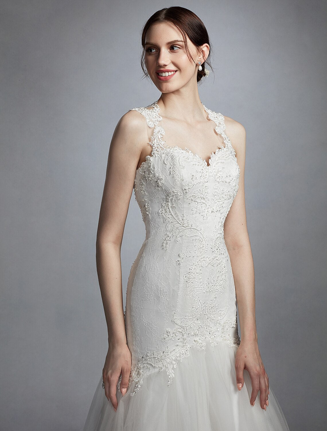 Hall Wedding Dresses Mermaid / Trumpet Sweetheart Regular Straps Court Train Lace Bridal Gowns With Pearl Beading