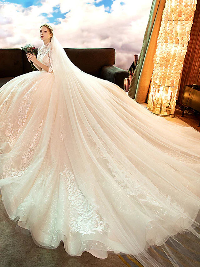 DingjiEngagement Sparkle & Shine Formal Wedding Dresses Cathedral Train Ball Gown Long Sleeve High Neck Lace With Sequin Appliques