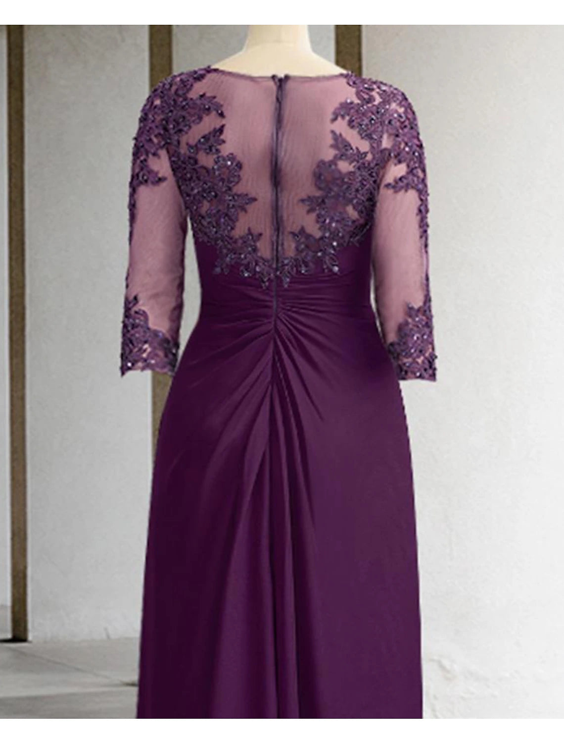 Sheath / Column Mother of the Bride Dress Formal Fall Wedding Guest Elegant Sparkle & Shine Jewel Neck Asymmetrical Floor Length Chiffon Lace 3/4 Length Sleeve with Sequin Appliques
