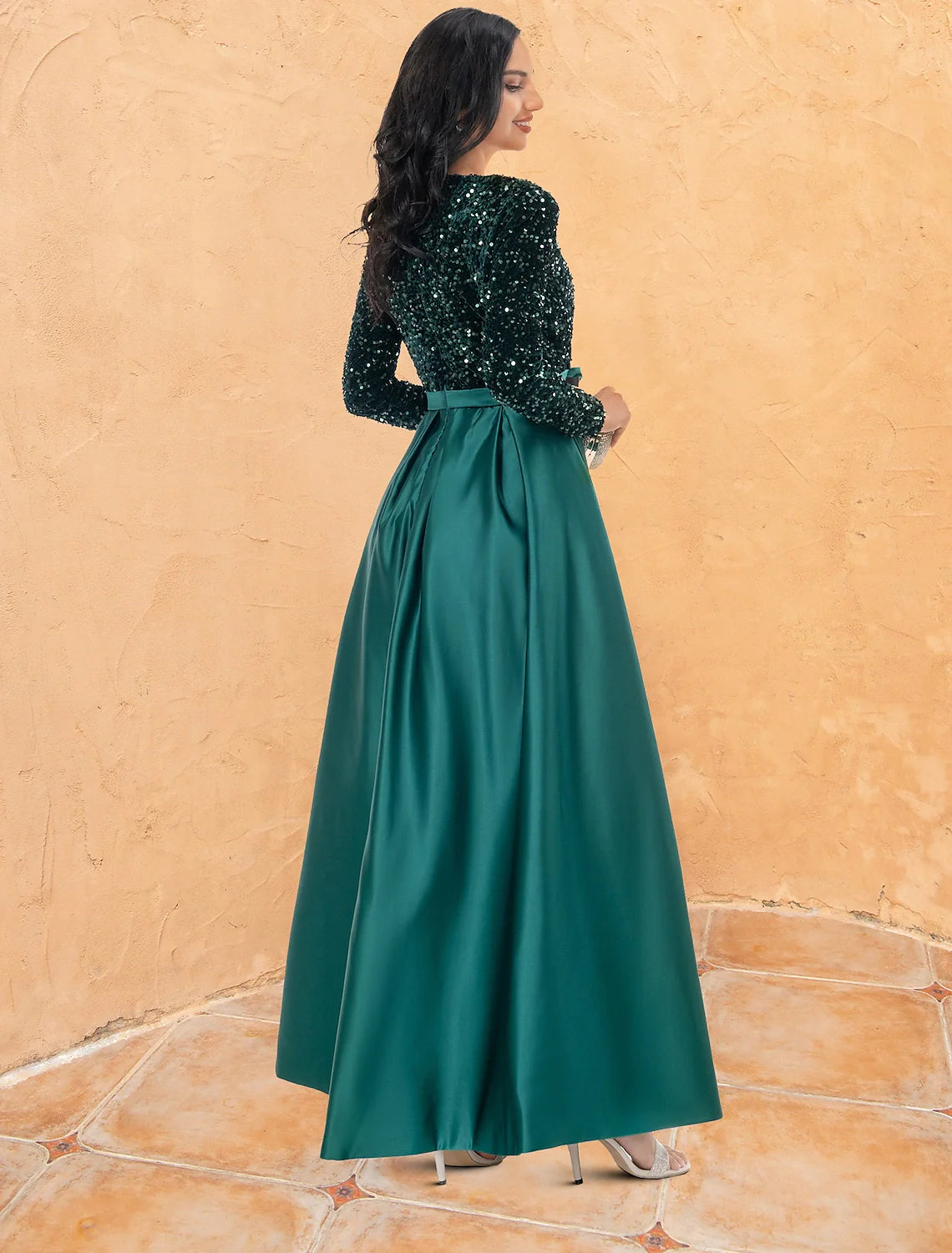 DingjiBall Gown Cocktail Dresses Sparkle & Shine Dress Wedding Party Floor Length Long Sleeve V Neck Sequined with Sequin