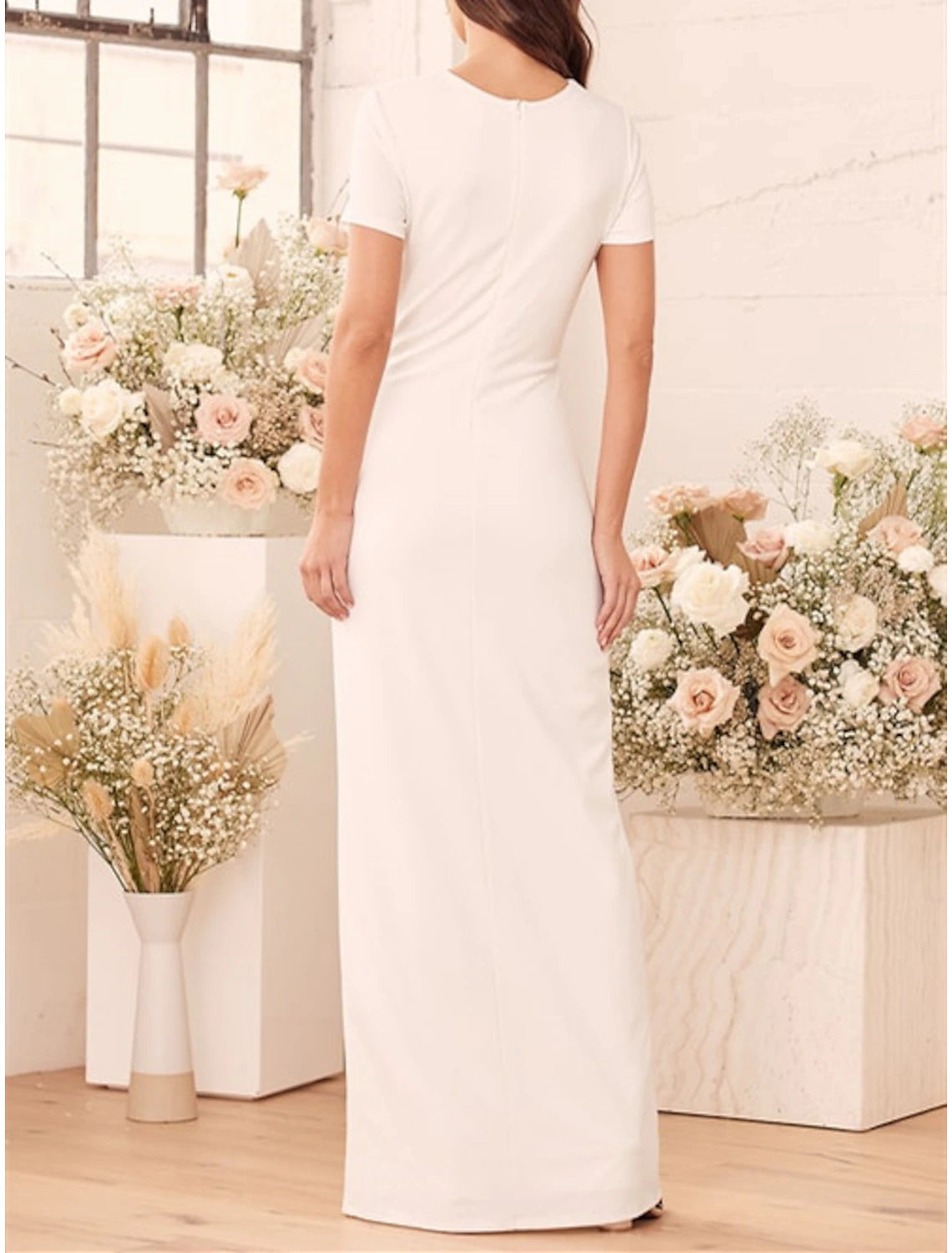Hall Casual Wedding Dresses Sheath / Column V Neck Short Sleeve Floor Length Stretch Fabric Bridal Gowns With Split Front Solid Color