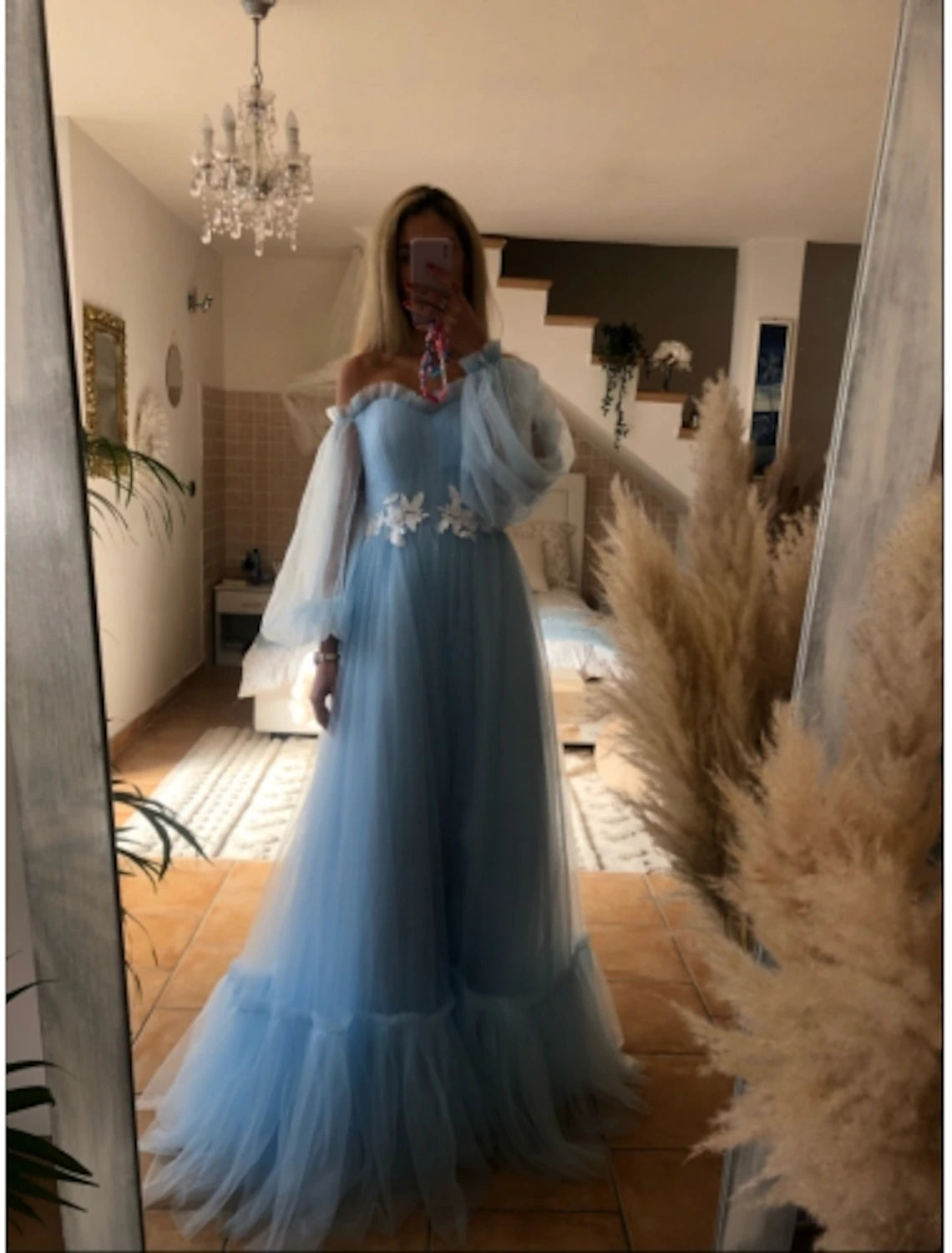 A-Line Minimalist Elegant Engagement Prom Dress Off Shoulder Long Sleeve Floor Length Tulle with Pleats Appliques